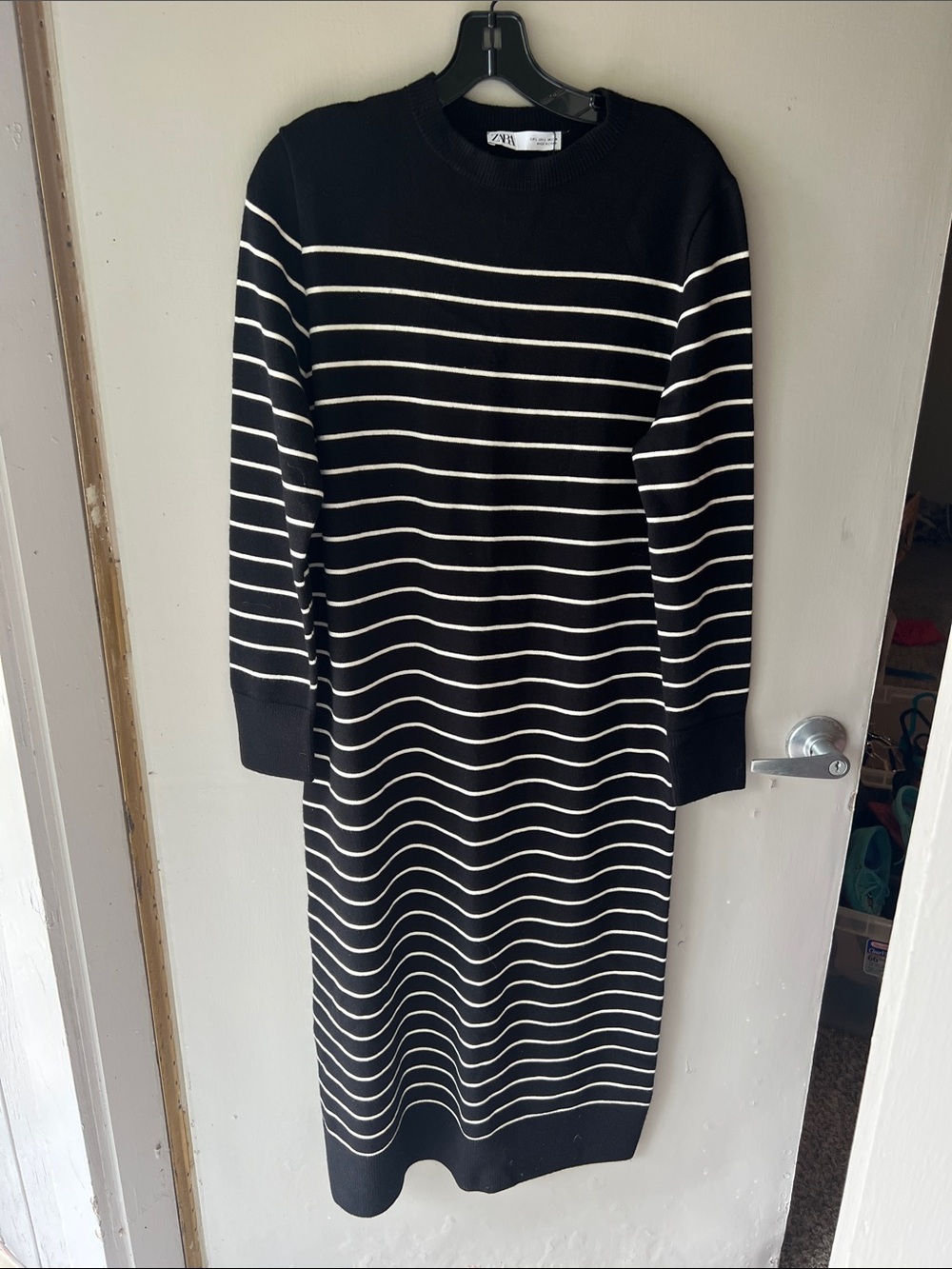 Zara Black and White Striped Long Sleeve Midi sweater Dress